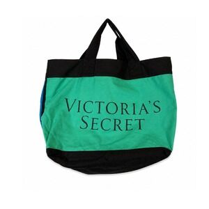 Victorias Secret Canvas Tote Bag Green Blue Colorblock Logo Beach Gym Bag